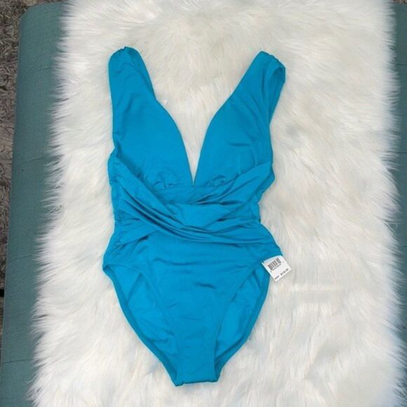 Trina Turk Womens Plunge Wrap Front One Piece Swimsuit Turquoise//Getaway Solids - Picture 7 of 10